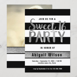 Silver black white sweet sixteen birthday party invitation