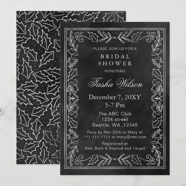 Silver Black Winter Foliage Holiday Bridal Shower Invitation (Front/Back)