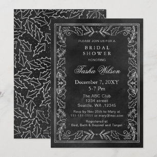 Silver Black Winter Foliage Holiday Bridal Shower Invitation