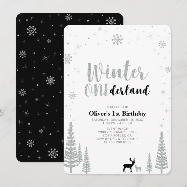 Silver, Black Winter onederland 1st birthday party Invitation (Front/Back)