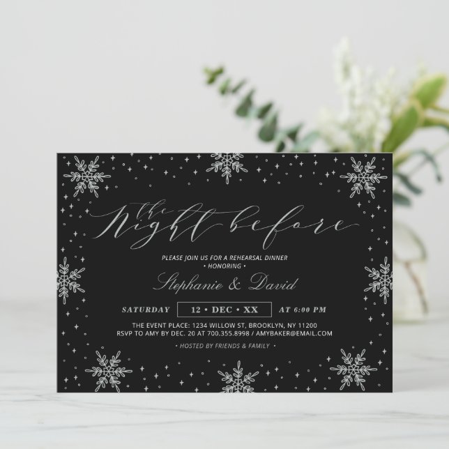 Silver & Black Winter Snow Rehearsal Dinner Party Invitation (Standing Front)