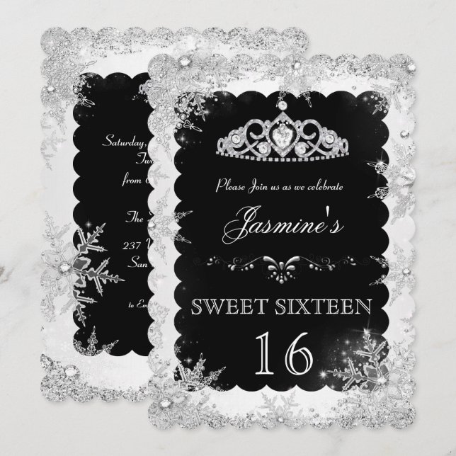 Silver Black Winter Wonderland sweet 16 Invite (Front/Back)
