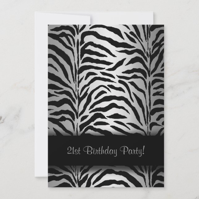 Silver & Black Zebra 21st Birthday Party Invitation (Front)