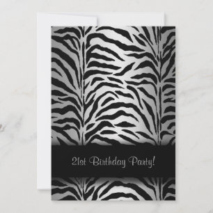 Silver & Black Zebra 21st Birthday Party Invitation