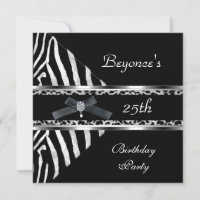 Silver Black Zebra Leopard Invite 25th Birthday