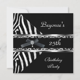 Silver Black Zebra Leopard Invite 25th Birthday