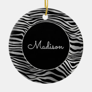 Silver Black Zebra Print Ceramic Tree Decoration