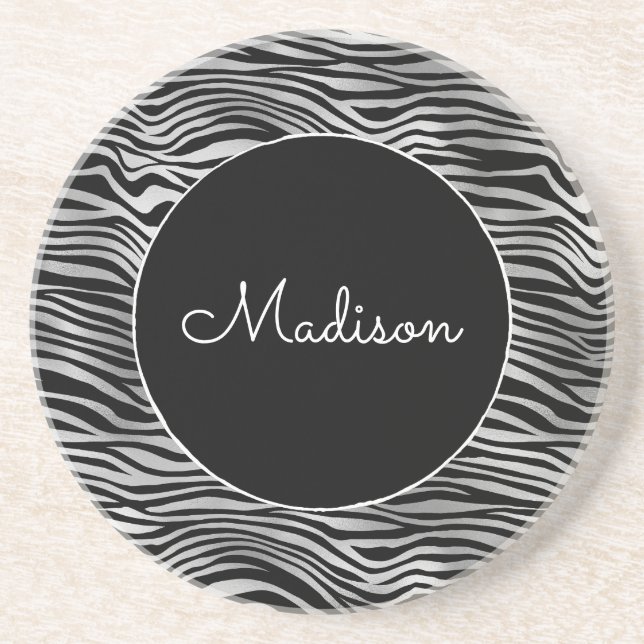 Silver Black Zebra Print Coaster (Front)