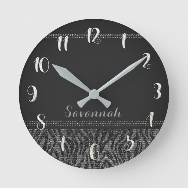 Silver Black Zebra Print Glam Sequins Glitter Round Clock (Front)