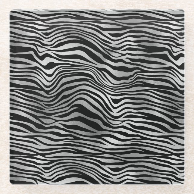Silver Black Zebra Print Glass Coaster (Front)