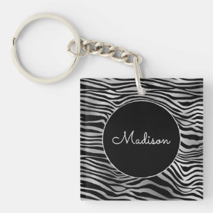Silver Black Zebra Print Key Ring
