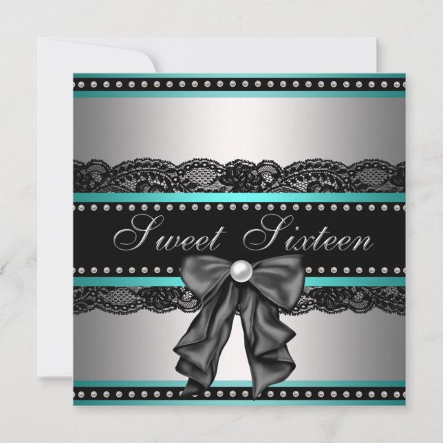 Silver BlackTeal Blue Sweet 16 Birthday Party Invitation (Front)