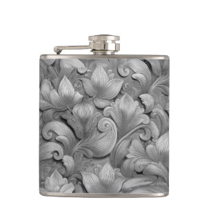 Silver Blossom Elegance Print (AI+Human) Hip Flask