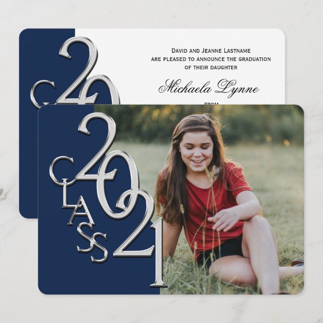 Silver Blue 2021 Photo Graduation Invitation (Front/Back)