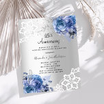 Silver blue 25th wedding anniversary invitation<br><div class="desc">For an elegant and romantic 25th wedding anniversary. A faux silver looking background decorated with blue florals,  roses and white lace.  Personalise and add your names and details. 

1 sheet = 1 invitation printed edge to edge.</div>