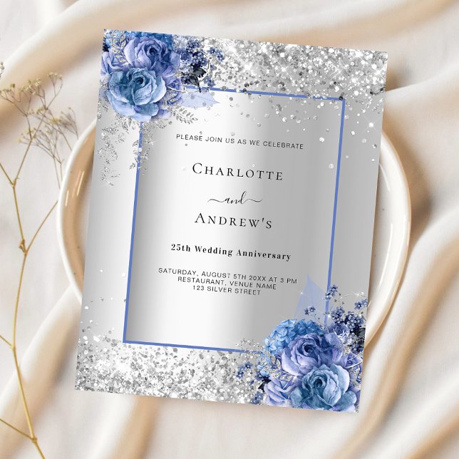 Silver blue 25th wedding anniversary invitation (Creator Uploaded)