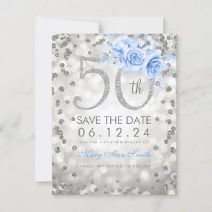Silver Blue 50th Birthday Glam Lights Save The Date