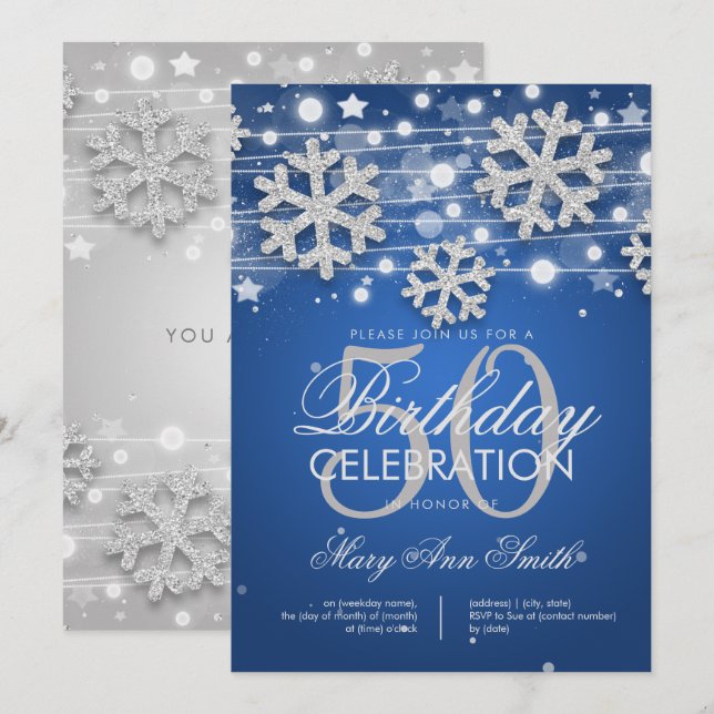 Silver Blue 50th Birthday Party Winter Glitter Invitation (Front/Back)