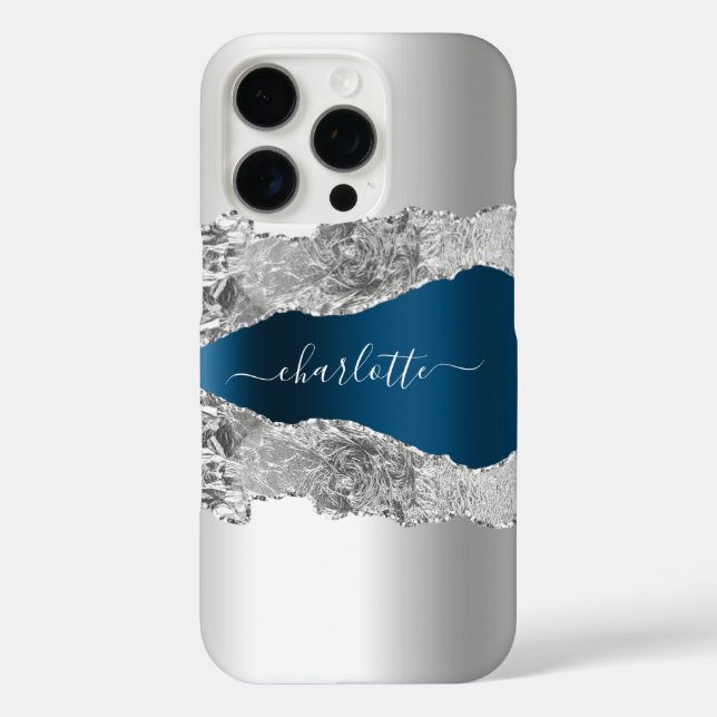 Silver blue agate marble name script Case-Mate iPhone case (Back)