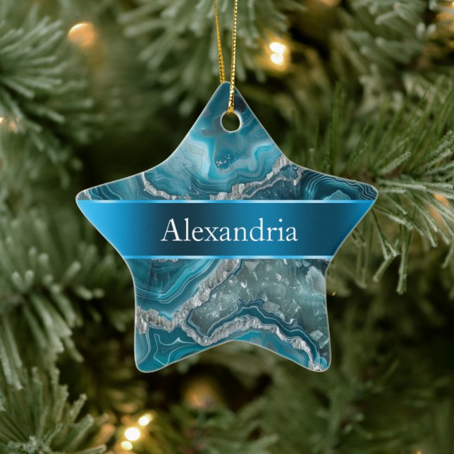 Silver Blue Aqua Glam Glitz Christmas Name Ceramic Tree Decoration (Tree)