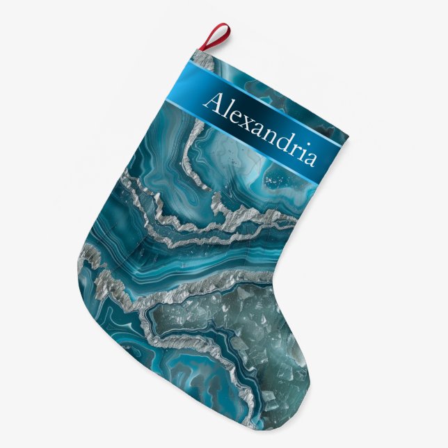 Silver Blue Aqua Glam Glitz Christmas Name Large Christmas Stocking (Front (Hanging))