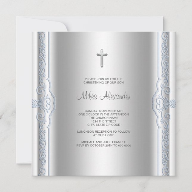 Silver Blue Baby Boy Christening Invitation (Front)