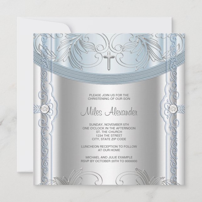 Silver Blue Baby Boy Christening Invitation (Front)