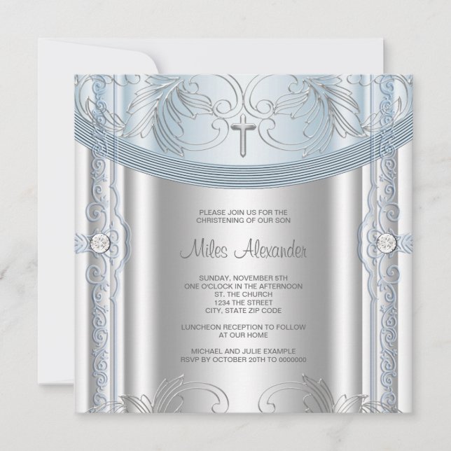 Silver Blue Baby Boy Christening Invitation (Front)