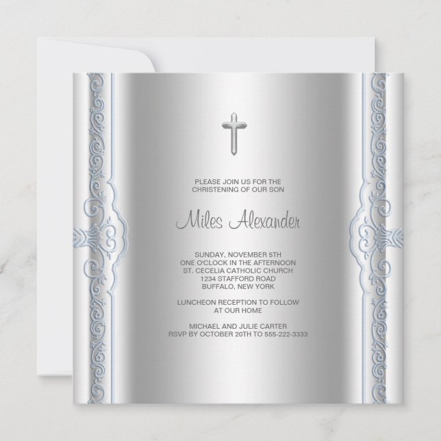 Silver Blue Baby Boy Christening Invitation (Front)