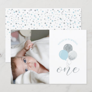 Silver & Blue Balloons   Boy 1st Birthday Party Invitation