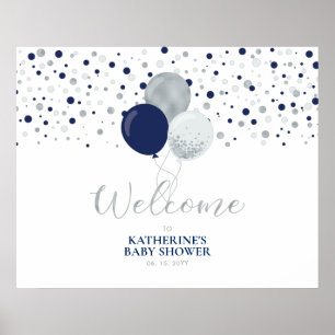 Silver & Blue Balloons Modern Baby Shower Welcome  Poster