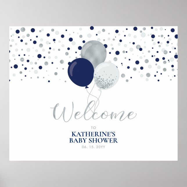 Silver & Blue Balloons Modern Baby Shower Welcome  Poster (Front)