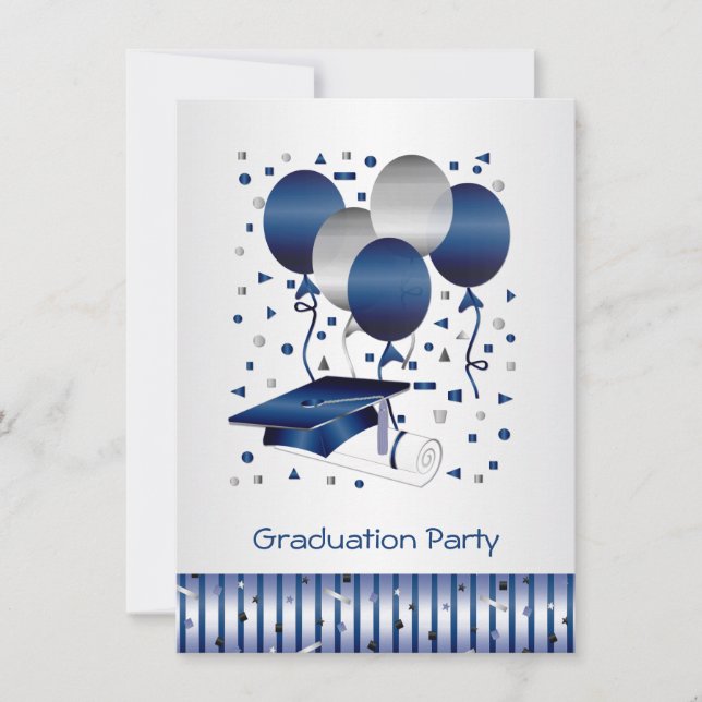 Silver blue balloons, mortar Graduation Party Invitation (Front)