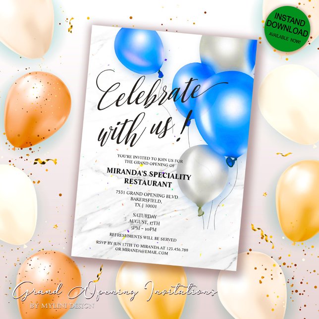 Silver Blue Balloons Ribbon Cutting Grand Opening Invitation (Creator Uploaded)