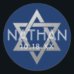 Silver Blue Bar Mitzvah Star of David Custom Classic Round Sticker<br><div class="desc">Elegant modern blue and silver classic bar mitzvah stickers with custom name, date and Star of David design. These bar mitzvah favour tag stickers are stylish and classy envelope seals, or on DIY bar and bat mitzvah party decor projects. Click CUSTOMIZE FURTHER to edit background and text colour, font or...</div>