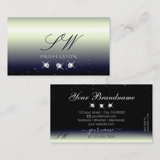 Silver Blue Black Gradient Sparkle Jewels Initials Business Card (Front/Back)