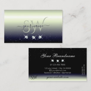 Silver Blue Black Gradient Sparkle Jewels Monogram Business Card