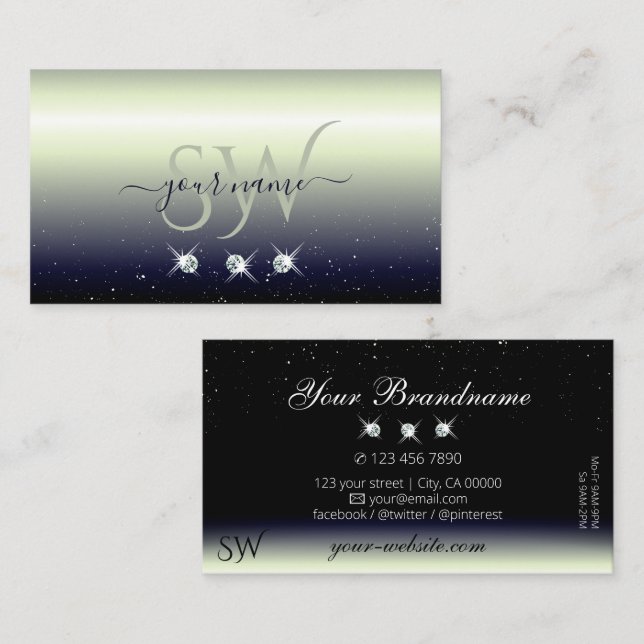 Silver Blue Black Gradient Sparkle Jewels Monogram Business Card (Front/Back)