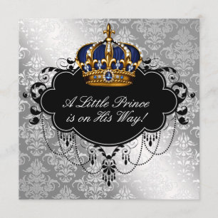 Silver Blue Black Prince Baby Boy Shower Invitation
