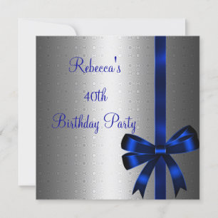 Silver Blue Bow 40th Elegant Birthday Party Invitation