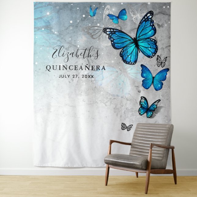 Silver Blue Butterfly Photo Backdrop Tapestries (In Situ)