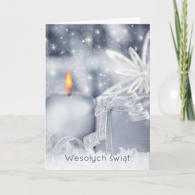 Silver blue candle, snowflake Polish Christmas Holiday Card (Front)