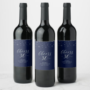 Silver & Blue Cheers 30 years, 30th Birthday Party Wine Label