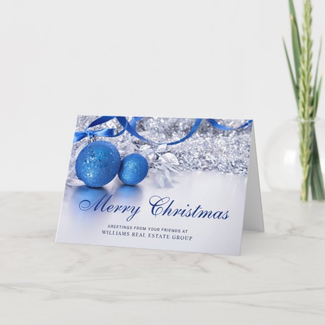 Silver Blue Christmas Ornament Corporate Greeting Holiday Card (Front)