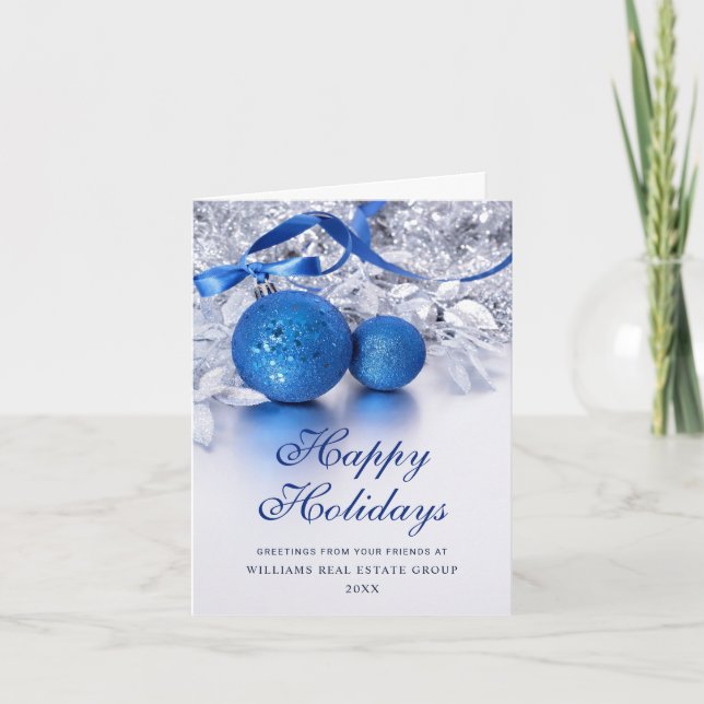 Silver Blue Christmas Ornament Corporate Greeting Holiday Card (Front)