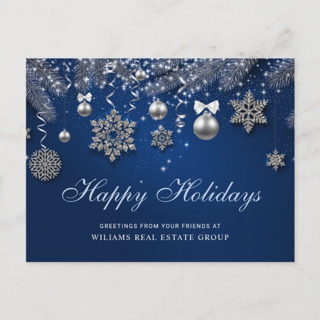 Silver Blue Christmas Ornament Corporate Greeting  Holiday Postcard (Front)