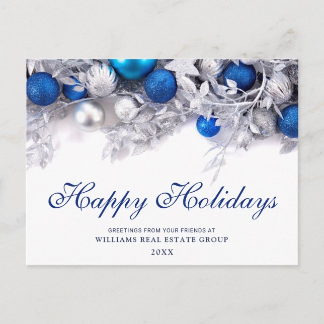 Silver Blue Christmas Ornament Corporate Greeting Holiday Postcard (Front)