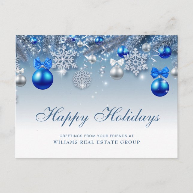 Silver Blue Christmas Ornament Corporate Greeting Holiday Postcard (Front)