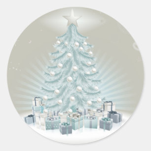 Silver blue Christmas tree, balls and gifts Classic Round Sticker