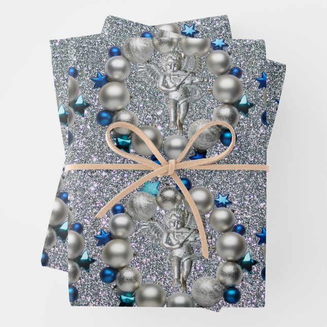 Silver Blue Christmas Wreath Cherub Wrapping Paper Sheet (In situ)